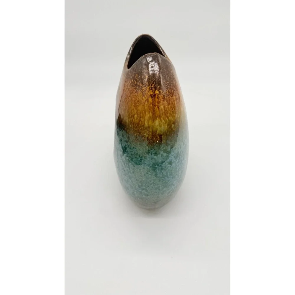 Vintage Ceramic Vase Decoration Piece 8.5 Inches Tall In Brown & Blue Distressed